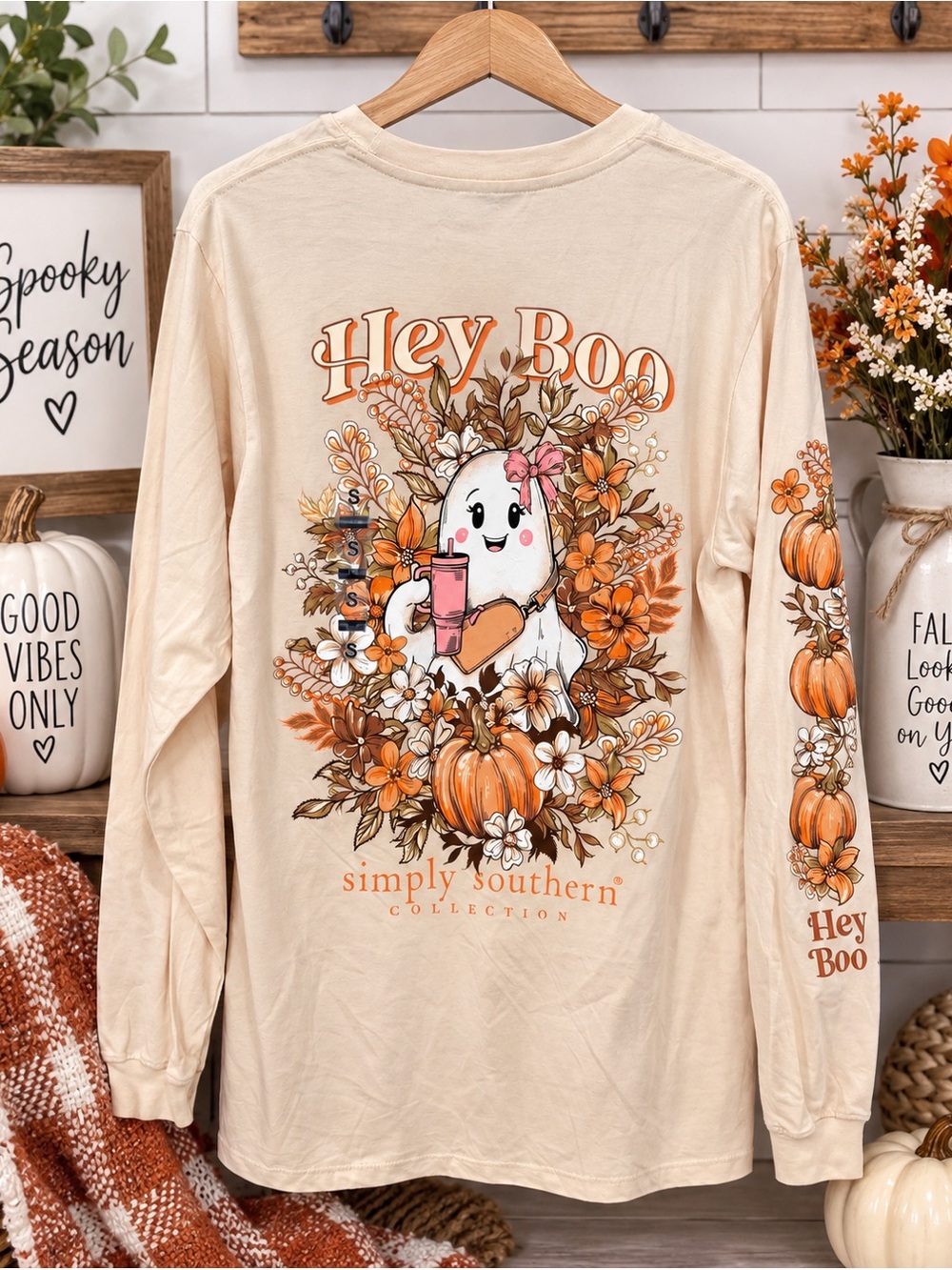 NWT Simply Southern Women’s Small “Hey Boo” Ghost Long Sleeve Halloween Shirt